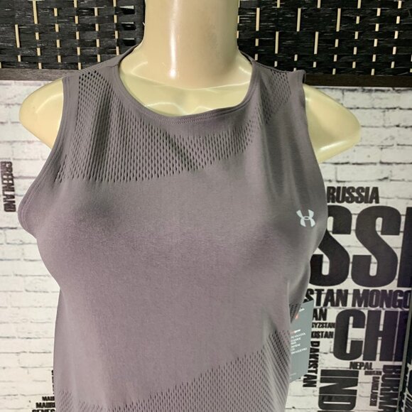 Under Armour L Gray Mesh Logo Heatgear Stretch Fitted Tank Top - Picture 2 of 6